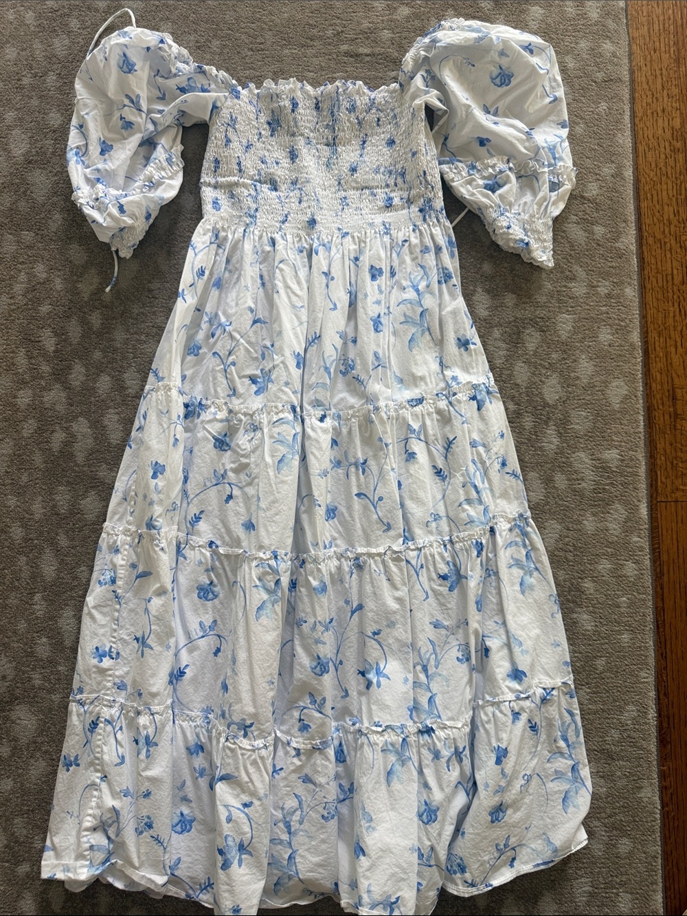 Hill House White Midi Dress with Blue Floral Print